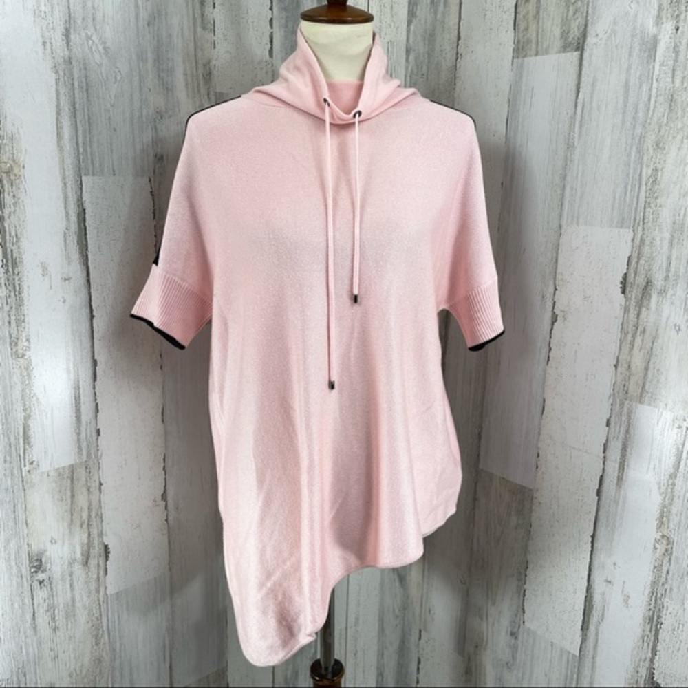 St John Pink Black Cashmere Blend‎ Asymmetrical Short Sleeve Sweater Cowl Neck